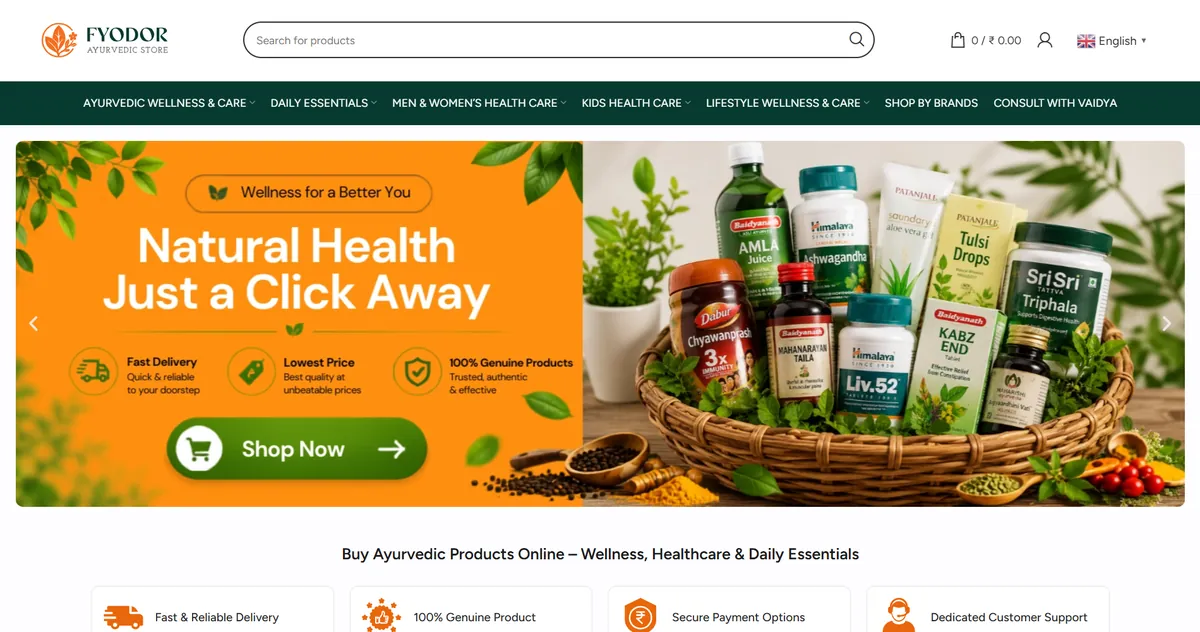 Fyodor Ayurvedic Store website homepage